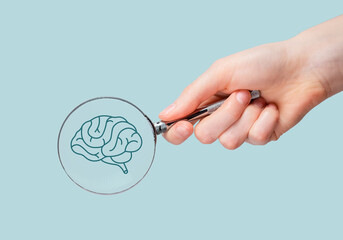 Neurology, brain health checkup, study through magnifying glass