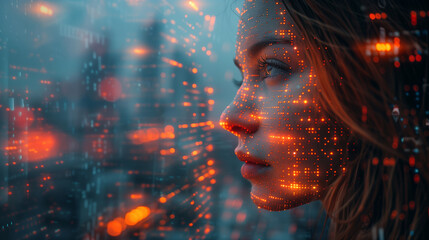Double Exposure of Woman’s Face With Glowing Digital Data Overlay and Futuristic Cityscape, Symbolizing AI, Tech Evolution, and Cyber Intelligence