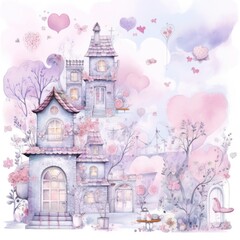 A charming shabby chic house nestled among blooming flowers and lush trees, creating a magical atmosphere with whimsical hearts scattered around.
