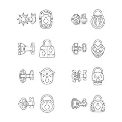 Keys and locks vector linear icons for graphics and for games. Middle Ages. Decorative elements. Collection of door locks and keys