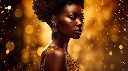 A woman in a gold dress poses in front of a gold background at a glamorous event