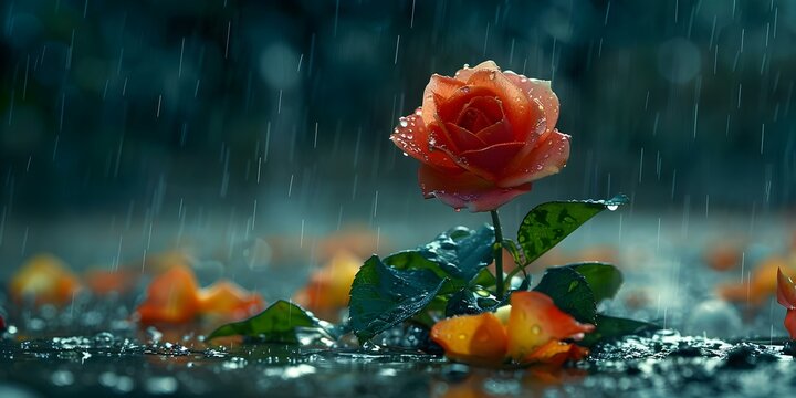 A peaceful image of a solitary rose standing tall amidst water droplets after a rainstorm. Concept Nature, Roses, Rain, Peaceful Moments