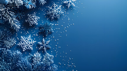 Frosty pine branches and snowflakes on liquid electric blue background