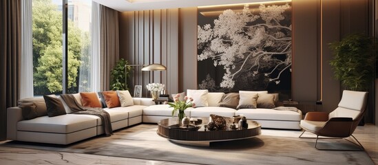 Fototapeta premium A contemporary living room filled with stylish furniture and a striking painting hanging on the wall. The room exudes modern design and sophistication with its carefully chosen decor elements.