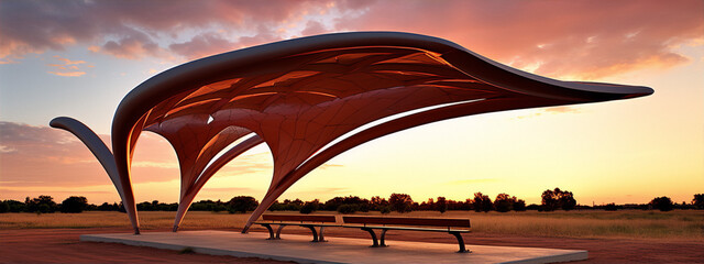 Canopy structure with parametric design and parametric benches in a rural setting at sunset - obrazy, fototapety, plakaty