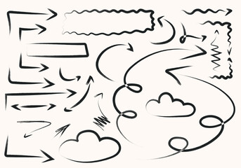 Arrows for notes, highlighting in text. Wavy frame, cloud. Freehand drawing of arrows, frames, clouds