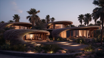Futuristic desert architecture , organic architecture , luxury real estate , 3d rendering , sunset - obrazy, fototapety, plakaty