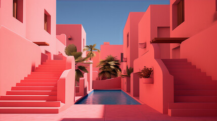 Fototapeta na wymiar Pink surreal minimal 3d render of stairs, buildings and pool with palm trees