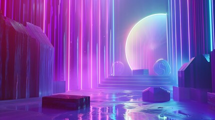 Fototapeta na wymiar A 3D visualization showcasing immaculate geometry and captivating aesthetics. Set against a colorful backdrop, abstract shapes radiate in ultraviolet tones