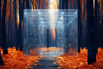 Mystical glowing blue portal in middle of fall forest with orange leaves, 3D rendering