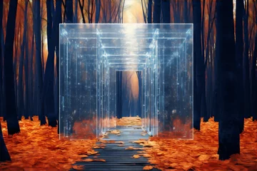 Fotobehang Mystical glowing blue portal in middle of fall forest with orange leaves, 3D rendering © sakina