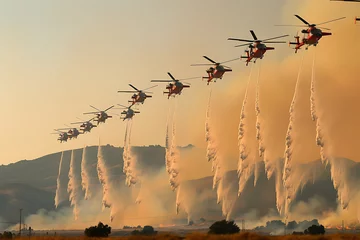 Poster A row of helicopters spraying water over a natural field landscape © Maksym