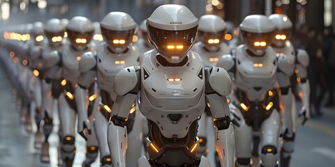 Futuristic City Patrolled by Humanoid Robots. Concept Futuristic City, Humanoid Robots, Technological Advancements, Future Society, Urban Living