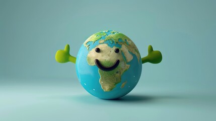 cartoon logo of planet earth with a happy smiling happy face and arms