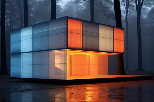 A digitally generated image of a modern glass house in a dark forest with a blue and orange glow.