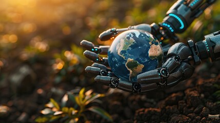 Robot hands gently cradling a handmade beautiful realistic Earth model