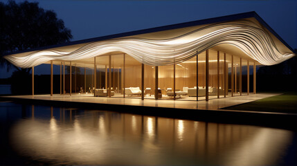 Modern house with a wavy roof and glass walls at night