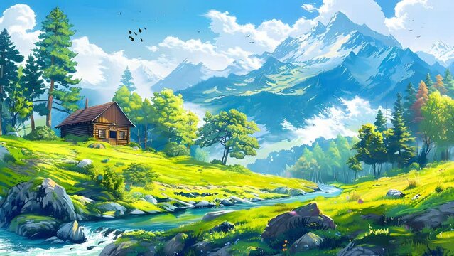 Old Cabin Nestled in a Stunning Mountain Landscape. Seamless Looping 4k Video Animation