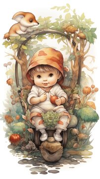 A small child in a red hat sits in a stroller. A child holds a flower and an apple. The forest floor is covered with mushrooms and small plants. The illustration is done in watercolor.