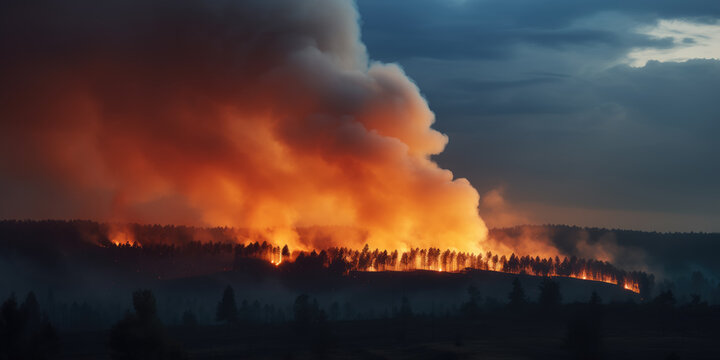 A ferocious wildfire engulfs a forest under a dark sky, with massive flames and smoke billowing intensely.