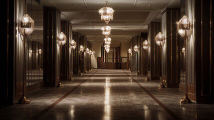Luxury hotel lobby interior with chandeliers and shiny floor in art deco style - obrazy, fototapety, plakaty