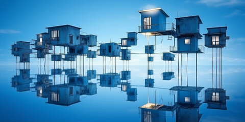 houses on stilts over water at night with blue lighting