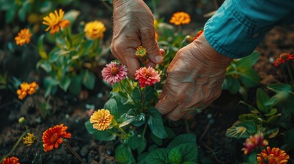 Hand planting colorful flowers in a garden bed.