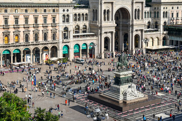 Elevated view of Piazza del Duomo main square with the statue to King Victor Emmanuel II (1896) and...