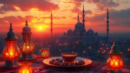 Traditional Iftar Table Overlooking Mosque at Sunset