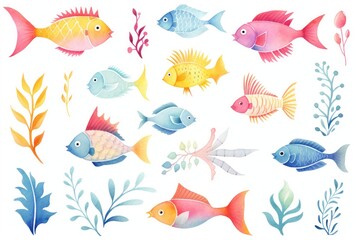 Naklejka premium A variety of colorful fish come in different shapes and sizes, from small to large, and each fish has a unique pattern or coloring. Seaweeds also differ from each other, with leaves of different shape
