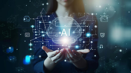Business AI concept, of a businesswomen open palm, analysis AI digital glowing brain, connect digital data, background digital icons, generative ai - obrazy, fototapety, plakaty