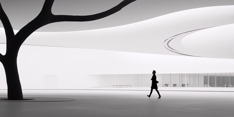 Black and white photo of a woman walking in a modern building with a curved ceiling and a large tree.