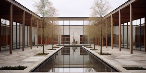 Modern architecture with reflecting pool and trees in the courtyard