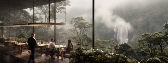 Modern restaurant interior with floor-to-ceiling windows looking out onto a misty forest and waterfall. - obrazy, fototapety, plakaty