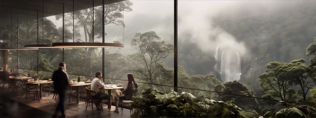 Foto op Plexiglas Modern restaurant interior with floor-to-ceiling windows looking out onto a misty forest and waterfall. © sakina