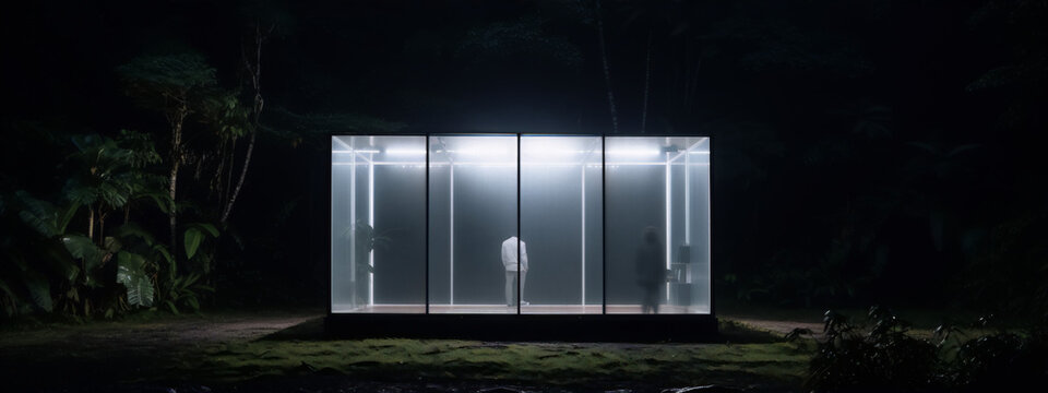 Surreal photo of a glowing glass house in a dark forest at night with two figures inside