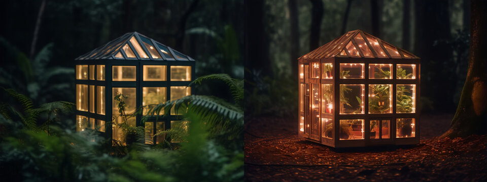 Two images of a small wooden greenhouse with glass windows in a dark forest at night, lit by warm lights inside.