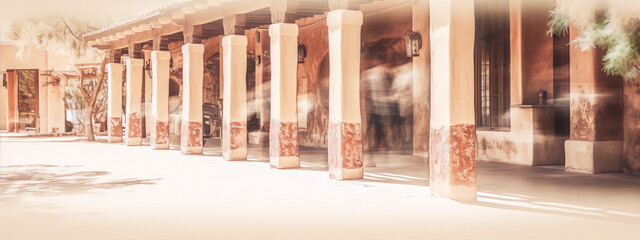 Abstract figures walking in a colonial courtyard with a retro and vintage style in sepia tone