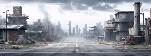 A post-apocalyptic city street with ruined buildings in the background.