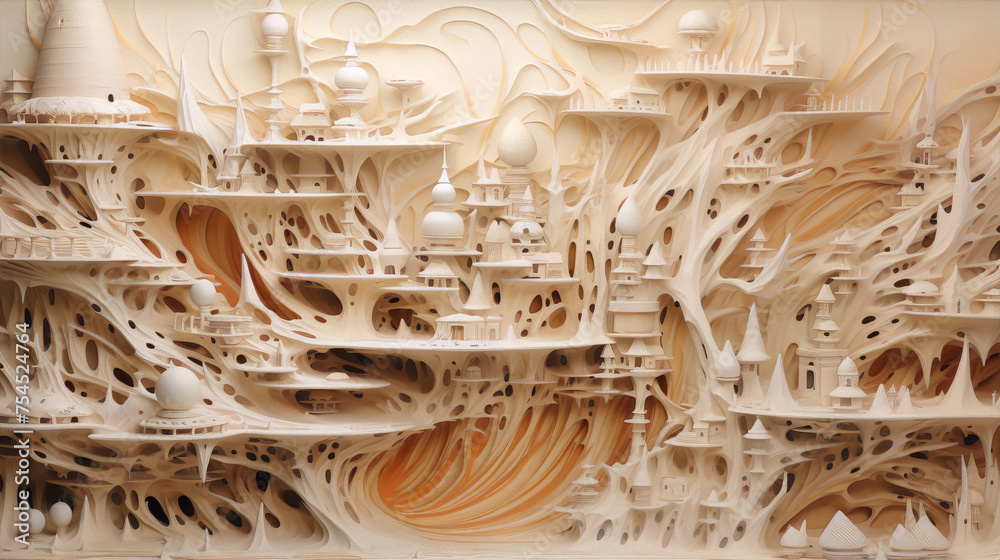 Fototapete 3d rendering of an intricate organic structure resembling a city, with a cream and orange color sche