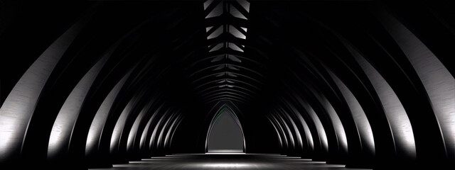Black and white 3D rendering of a gothic cathedral interior with ribbed vault ceiling - obrazy, fototapety, plakaty
