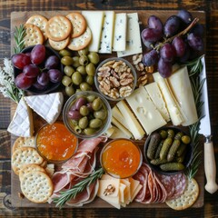 Charcuterie board, cheese platter with different cheese, grapes, nuts, olive, figs on white...