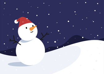 Cute snowman wearing Santa hat on snow ground with falling snow. Concept of winter season, outdoor night, Christmas. Flat vector illustration cartoon character.