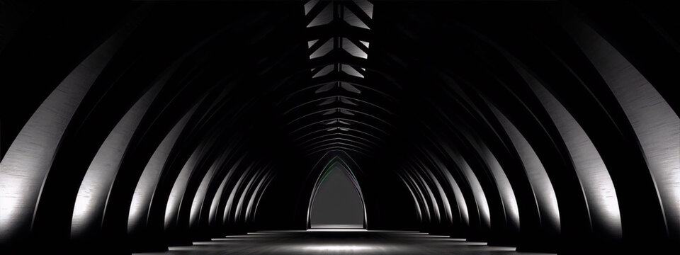 Black and white 3D rendering of a gothic cathedral interior with ribbed vault ceiling