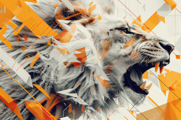 A dynamic digital art piece featuring a roaring lion with a fragmented geometric overlay in orange tones.