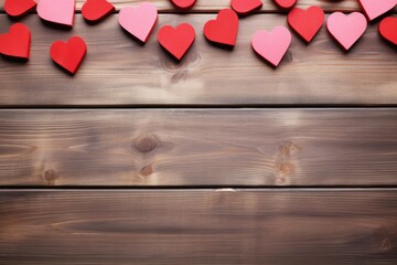 An array of red and pink hearts spread over a rustic wooden background for Valentine's Day. Heartfelt Valentines Decor on Wooden Surface