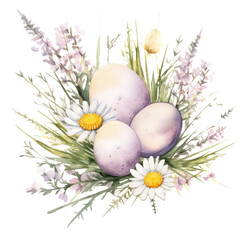 Watercolor painting of Easter eggs and flowers
