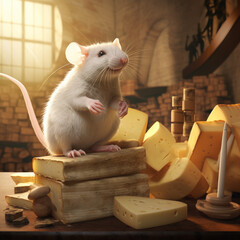 Fototapeta premium Pensive Rat with Cheese Collection in Vintage Setting