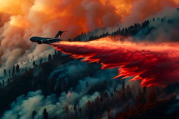 A plane in the sky drops water to extinguish a forest fire