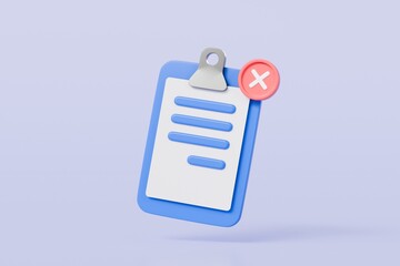 3D Blue Clipboard with paper notes with cross marks. Wrong Choice. Cancel, Error, Stop, Disapprove icon symbol. Denied checklist Concept. Minimal cartoon creative style. 3d rendering illustration.